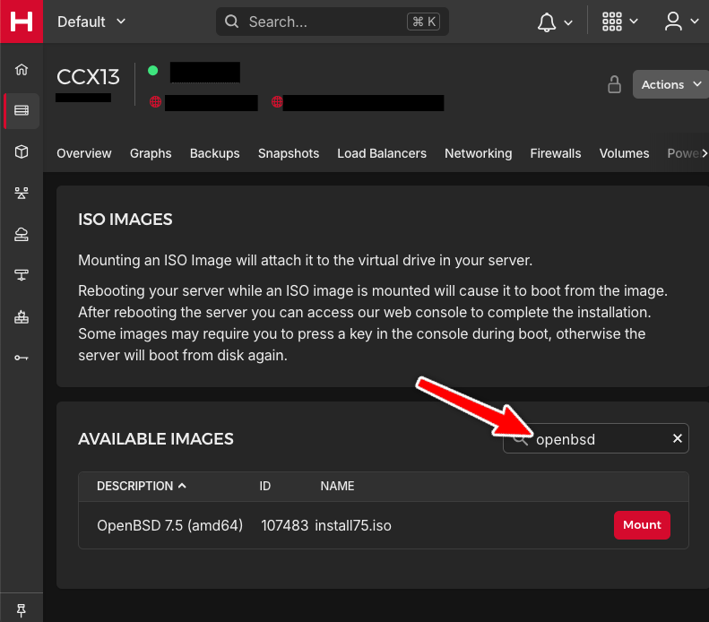 Hetzner admin panel showing; the ISO Images tab showing the OpenBSD image